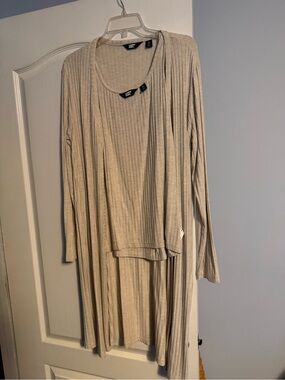 Lands' End Ribbed Long Sleeve Open Cardigan Dress - Light Beige